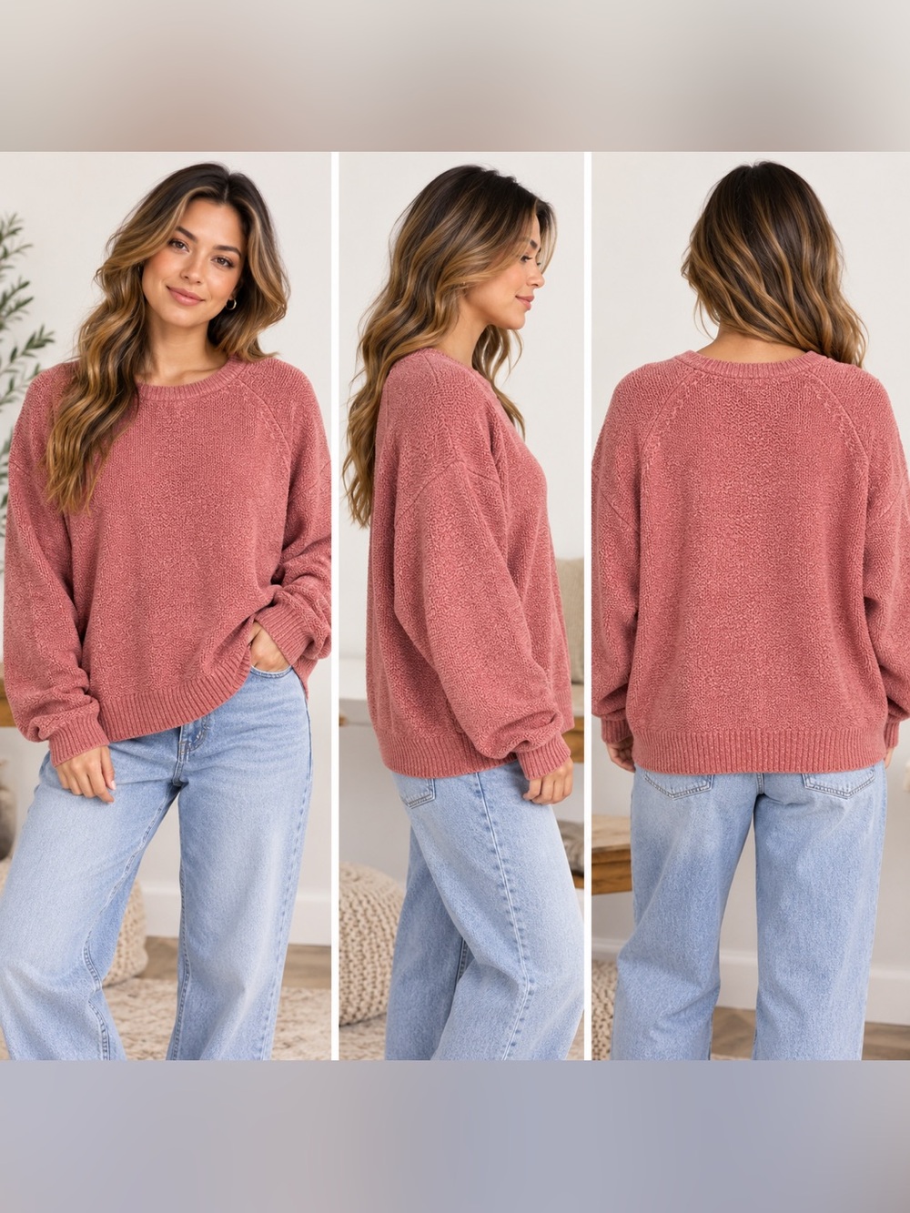 L.L.Bean Women’s XL Pink Cotton Textured Knit Crewneck Sweater Pullover